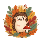 hedgehog, autumn, leaves, mushroom, forest, cute animal, woodland, fall season, nature, character, children's illustration, cartoon, cozy, orange leaves, adorable, wildlife, hedgehog art, seasonal, woodland creature, happy, forest animal, ai generated